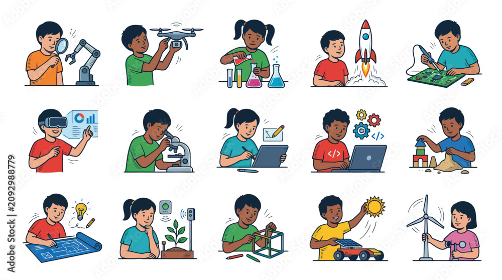 Fototapeta premium Children Engaging in STEM Activities: Science, Technology, Engineering, Math - Vector Art