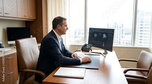 Professional working at desk reviewing medical scan on computer screen