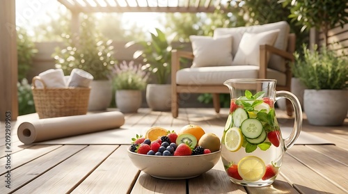 Refreshing infused water fruit bowl and yoga mat on sunny patio