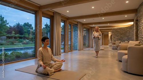 Relaxation and wellness activity with people meditating in a modern spa interior
