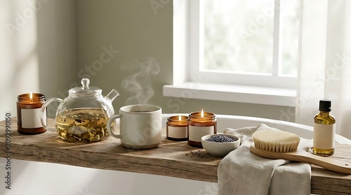 Relaxing bath spa items and herbal tea set for self care