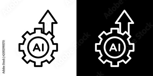 AI optimization icon featuring gear with upward arrow representing artificial intelligence performance improvement, automation, and system optimization.