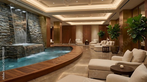 Relaxing spa interior with waterfall and lounge chairs