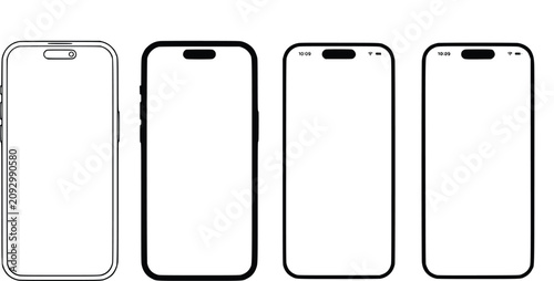 Minimalist smartphone mockup vector set, black and white mobile phone wireframe icons, blank screen cellphone templates for UI UX design
