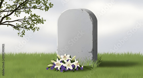 Solemn gravestone standing tall in a tranquil green field, adorned with fresh flowers, symbolizing remembrance and enduring peace in a quiet resting place