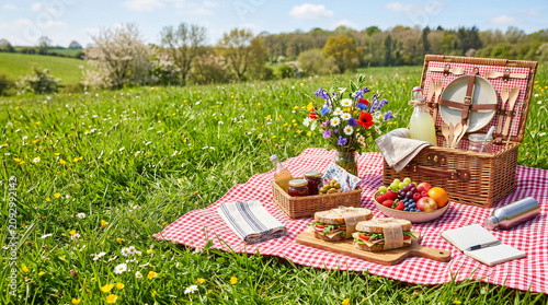 A delightful outdoor picnic spread on a vibrant green meadow under a bright spring sky, offering a perfect scene for leisure and al fresco dining amidst nature