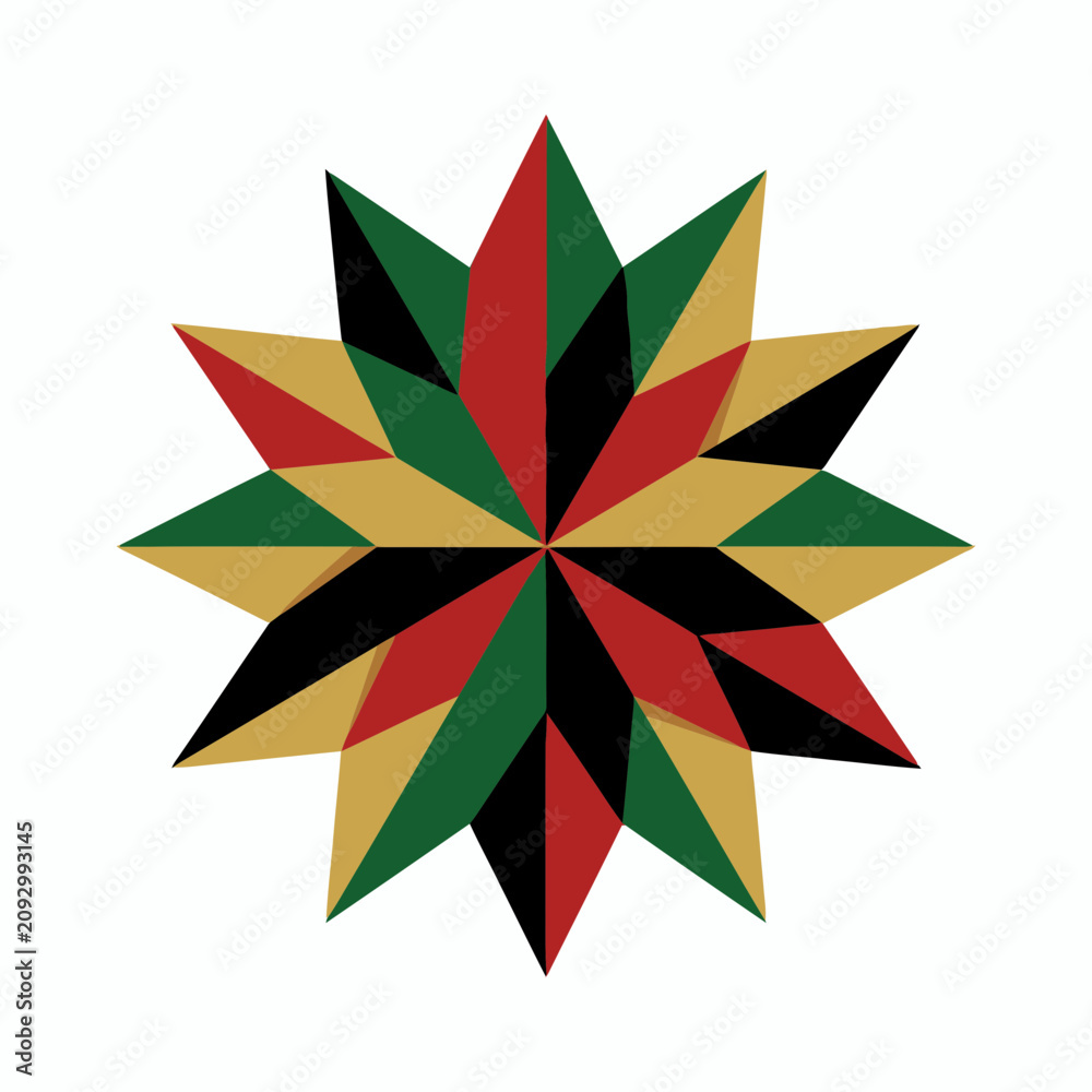 Fototapeta premium Geometric juneteenth star emblem featuring red black green and gold colors on white background for cultural celebrations