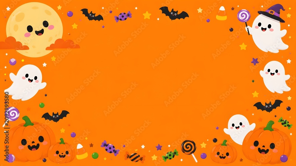 Fototapeta premium Cute halloween border with ghosts, pumpkins, bats, and candy on an orange background