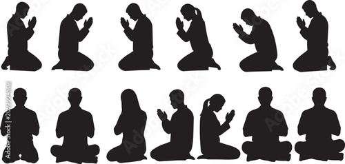 Obraz na plátně Silhouettes of people praying in a row against a white background symbolizing fa