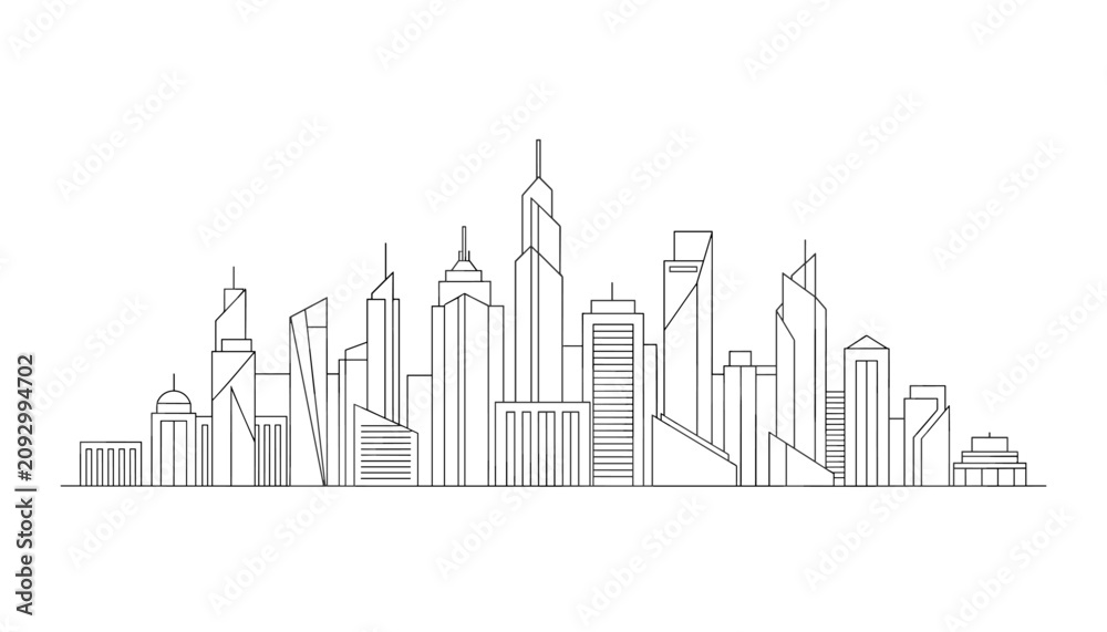 Obraz premium Minimalist line art skyline of a modern city displaying diverse tall skyscrapers and office buildings.