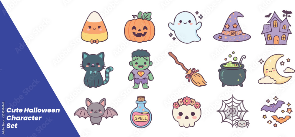 Fototapeta premium Cute Kawaii Halloween Cartoon Character and Element Vector Set
