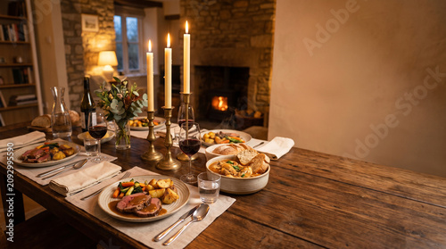 Cozy Festive Dinner Table Set with Roast Meat, Roasted Vegetables, and Lit Candles in a Rustic Home Interior