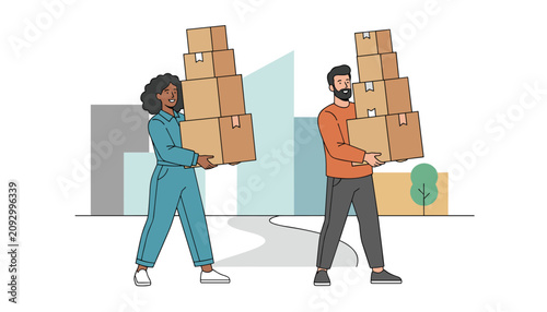 Happy young couple carrying tall stacks of cardboard boxes while moving to their new apartment in a modern city.