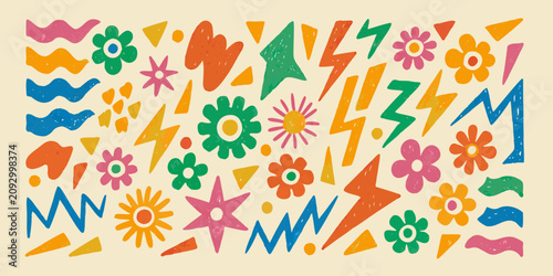 Obraz na płótnie hand drawn abstract pattern with colorful flowers and lightning bolts triangles