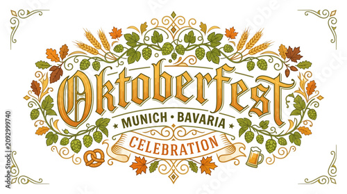 Vintage oktoberfest celebration logo with bavarian autumn decor elements