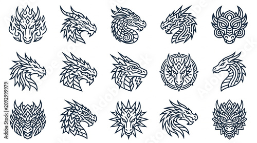 Tableau sur toile Intricate Black and White Dragon Head Illustrations Collection.