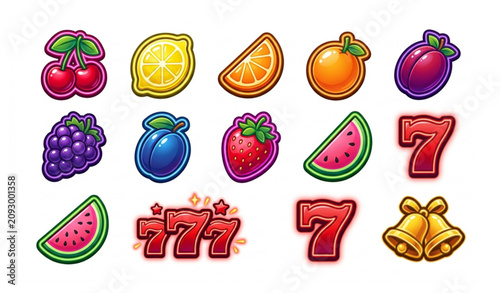 Classic casino slot machine fruit icons set and glossy lucky 777 jackpot symbols