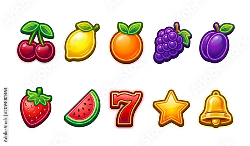 Classic slot machine fruit icons set for casino and mobile game interface design