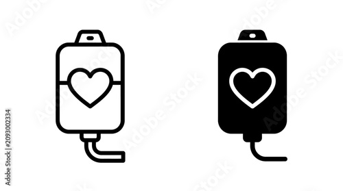 Two icons representing a medical IV drip bag with a heart symbol, one outlined and one solid black.