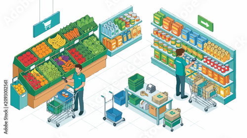 Canvas Print Workers restocking shelves with products.