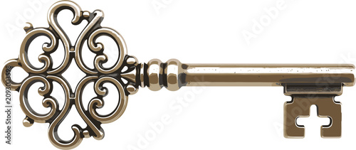 Antique skeleton key vector illustration featuring ornate bronze baroque scrolls for vintage mystery book cover designs