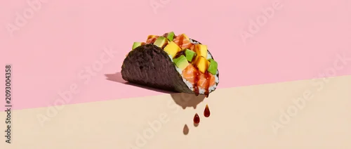 Obraz  z motywem Minimalist sushi taco food photography featuring a nori seaweed shell filled with fresh salmon, avocado, and mango on a pink and beige background, ideal for modern restaurant menus
