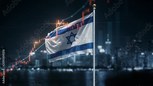 Israeli flag waving in front of a lit city skyline at night