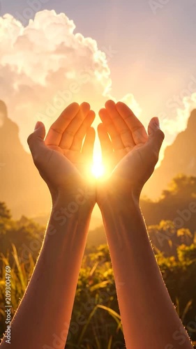 Two hands cupping the glowing sun during a beautiful sunset