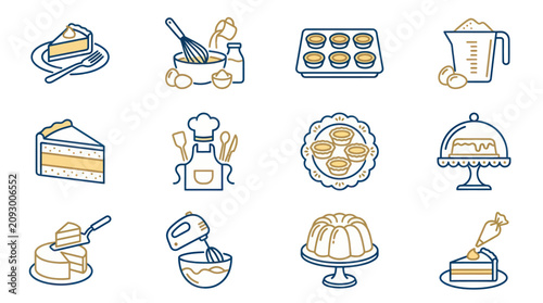 Baking icons with cakes and utensils.