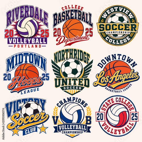 A collection of nine vintage-style sports logos and emblems featuring basketball, volleyball, and soccer designs for various teams and leagues.