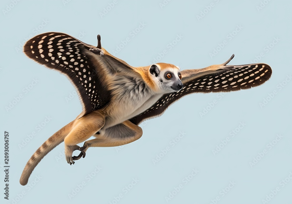 Fototapeta premium Whimsical fantasy creature resembling a lemur with large patterned wings soaring gracefully through a clear soft blue sky depicting imaginative flight and airborne adventure in a surreal natural