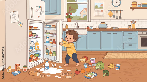 A messy kitchen with a child making a mess.