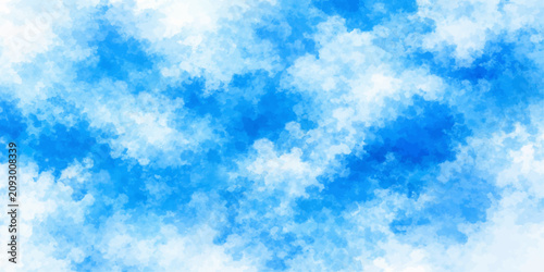 Canvastavla Vibrant blue and white watercolor clouds drift across a vast sky, creating an abstract representation of a serene atmosphere and the boundless beauty of nature