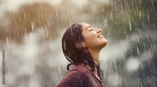 Happy individual enjoying a carefree dance in the rain with a big smile and eyes shut in pure bliss