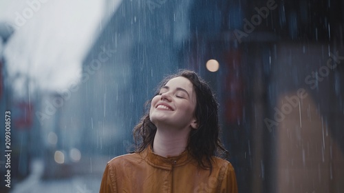 Happy individual enjoying a refreshing moment in the rain with closed eyes and a bright smile