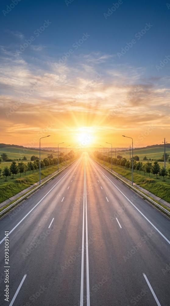 Obraz premium Open highway leading towards a bright radiant sunrise casting long shadows across the lanes