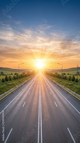 Open highway leading towards a bright radiant sunrise casting long shadows across the lanes