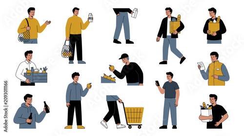 Foto Men shopping for groceries and carrying delivery packages.
