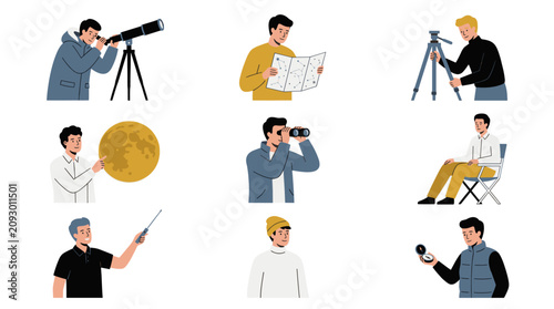 Foto Explorers and scientists using telescopes and observation tools.