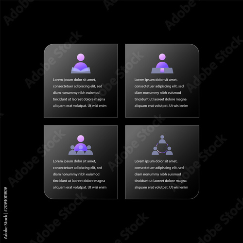 Dark Glassmorphism Information Cards Template with 3D Business Icons and Rounded Layout