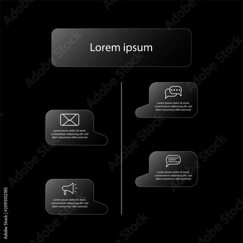 Dark Glassmorphism Communication Infographic Template with Speech Bubble Cards and Modern Business Layout