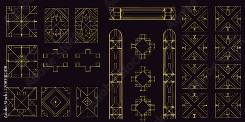 Art deco decorative element set geometric gold line vector illustrations on a dark background ornament pattern lines