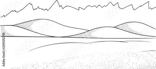 Canvastavla 山と砂丘のある砂漠の風景の定型化されたラインイラスト