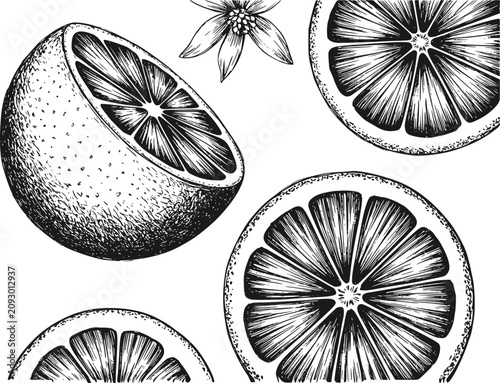 Fotografía オレンジと柑橘類の花のヴィンテージ白黒イラスト