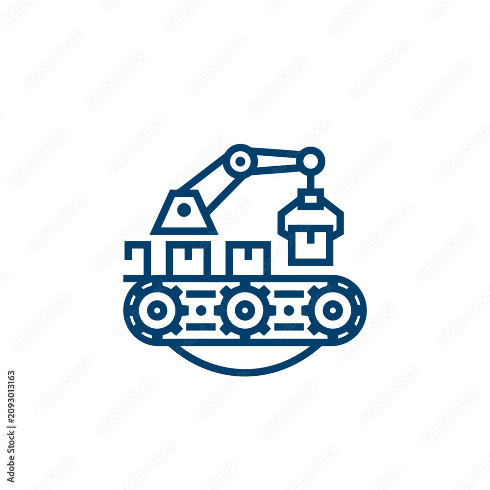 Fototapeta premium A blue icon showing a robotic arm on a conveyor belt
