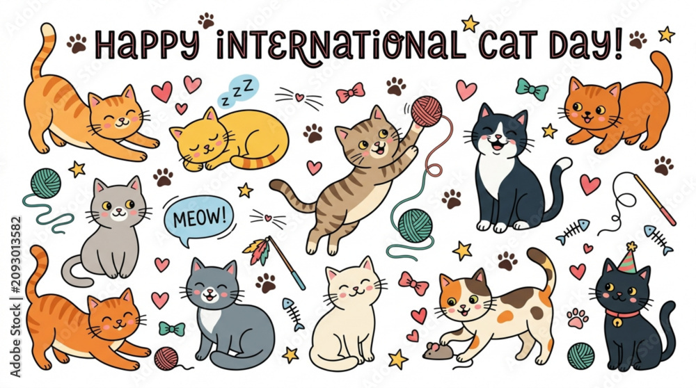 Fototapeta premium Happy International Cat Day illustration a collection of cute cartoon cats playing and sleeping perfect for greeting cards and social media