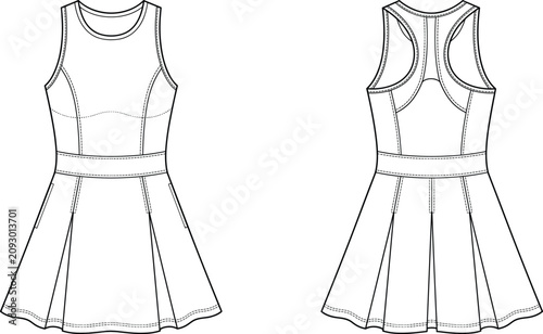 Women's Racerback Tennis Dress Technical Flat Sketch Front and Back CAD Template