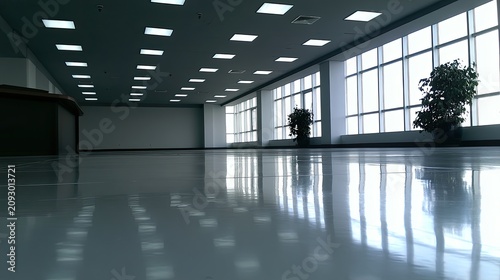 Empty modern room with large windows, reflective floor, and potted plants