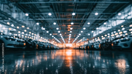 Rows of vehicles illuminated by bright lights in a vast, reflective warehouse