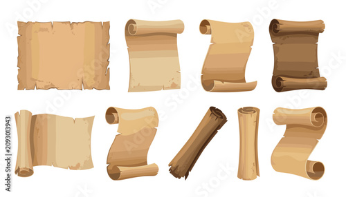 Foto Ancient paper scroll and old parchment vector cartoon set